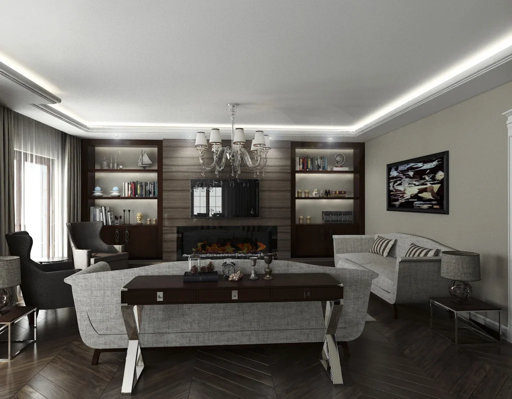 Zekeriyaköy villa projesinde doğal tonlu modern salon tasarımı