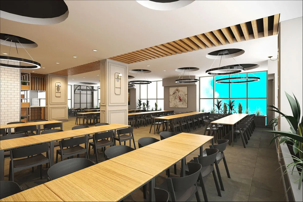Restoran benzeri yeme içme alanında farklı oturma tipleri ve aydınlatma